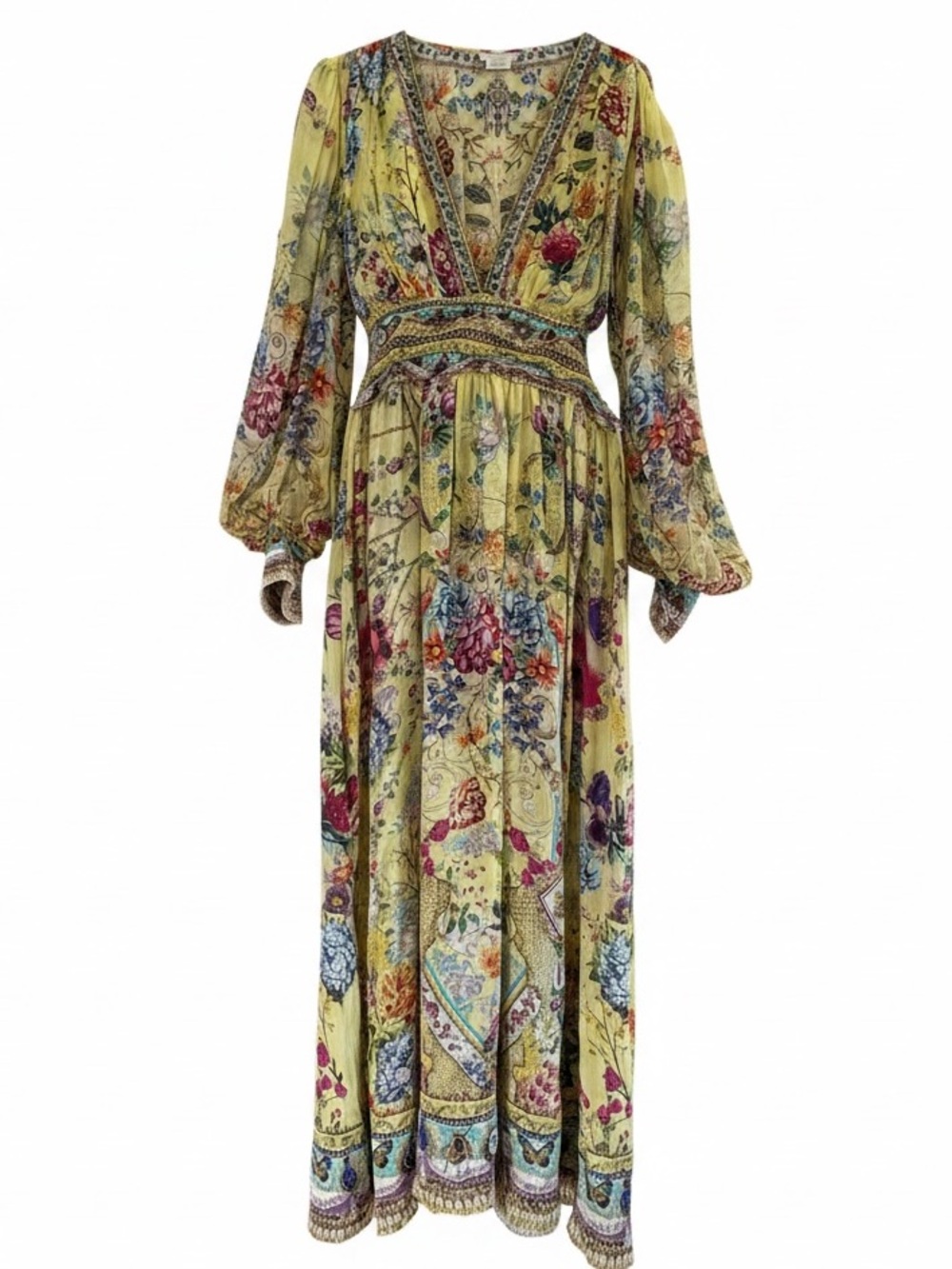 Camilla Silk Maxi Dress Yellow Floral Crystal Embellished XL
